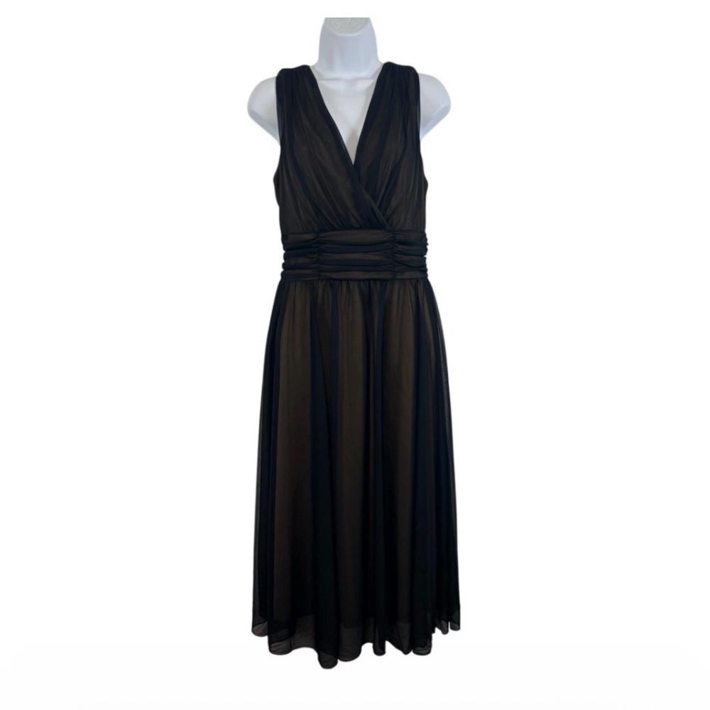 Connected Apparel V-neck  Black Mesh Overlay Sleeveless Midi Dress Size 14 LBD